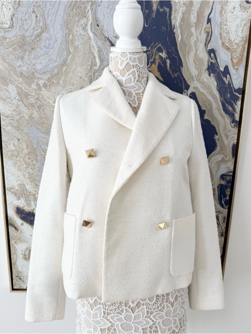 Valentino Cream Bouclé Double-Breasted Jacket with Gold Pyramid Buttons